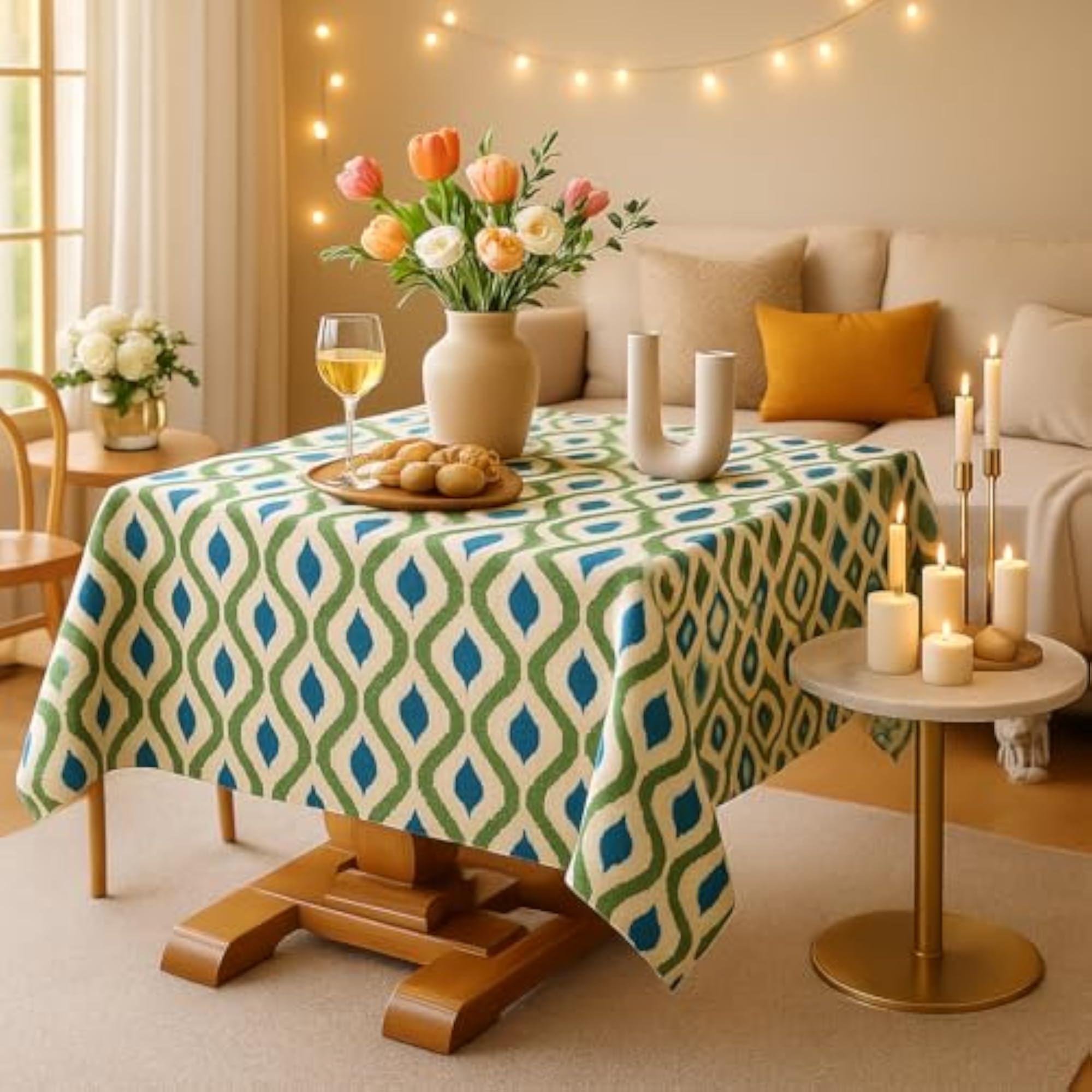 Azure Ikat Print Boho Dining Table Cover, Rectangle Shape